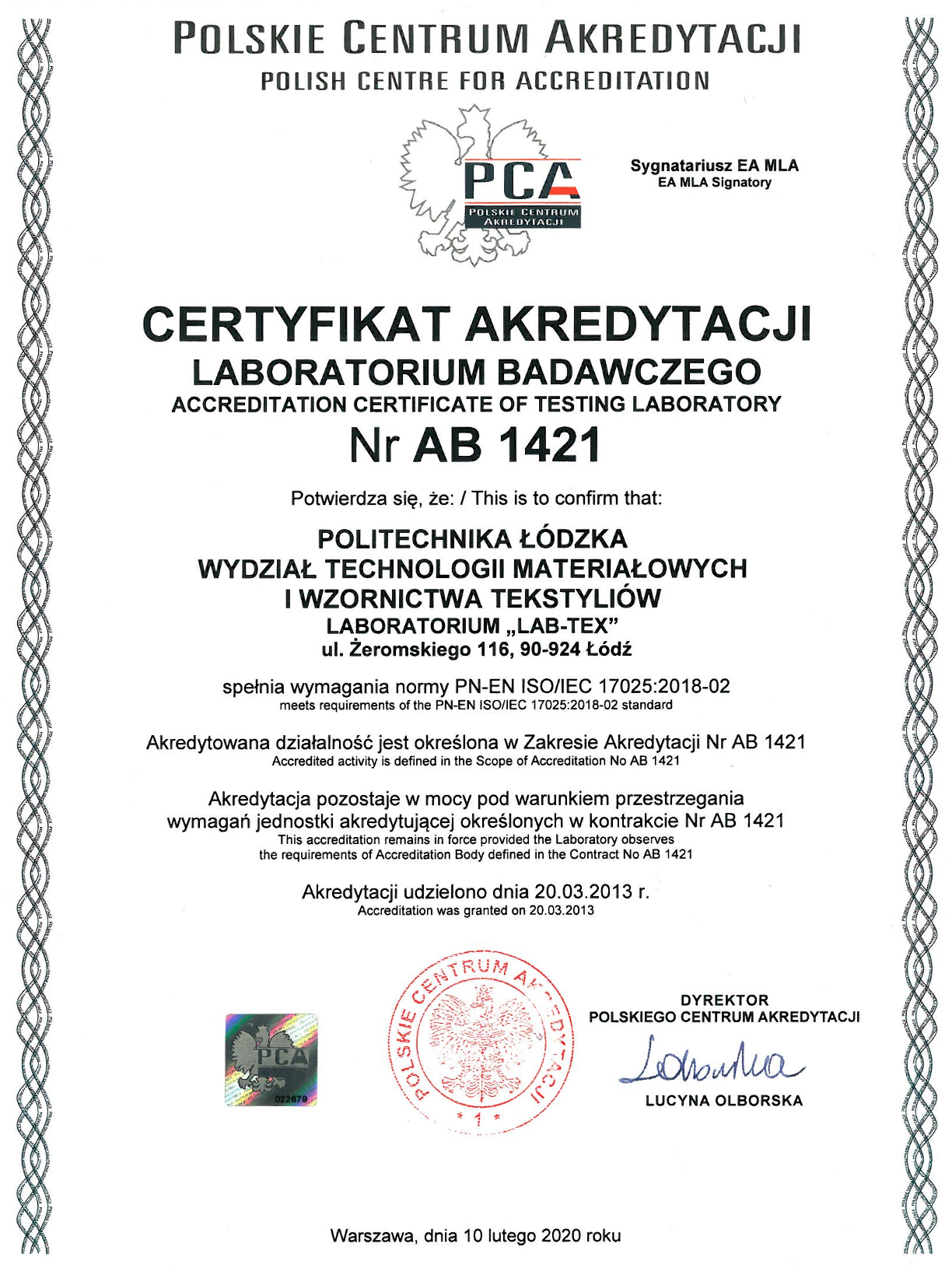 Certyfikat akredytacji LAB-TEX